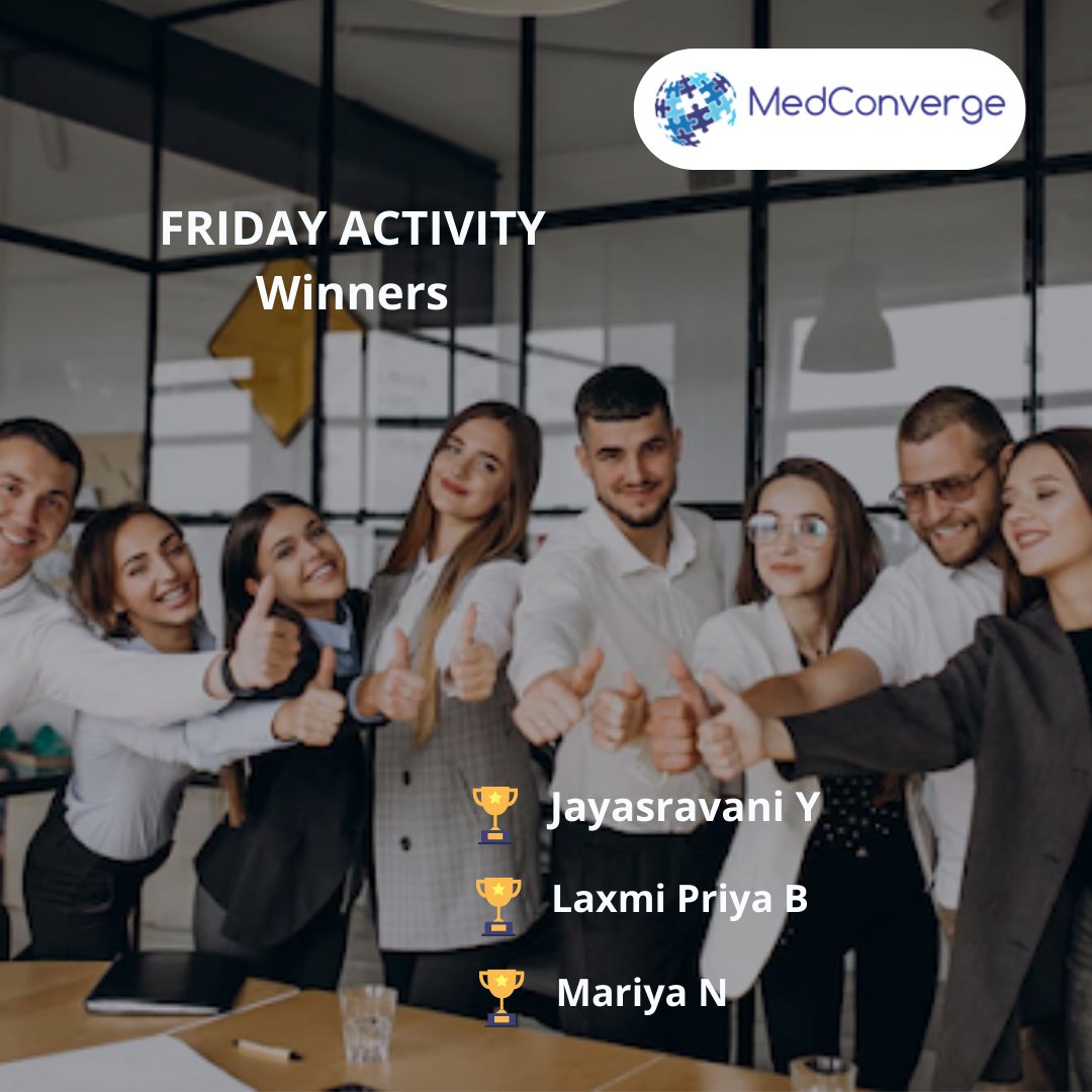 MedConvergeInd's tweet photo. As part of our employee engagement, we organize Friday fun activities both online and offline.
We have the winners for the online activity organized on 23 September 2022.
#employeeengagement #employee #employeemotivation #fridayactivity #weekend #medicalcoding #medicalbilling https://t.co/W7yKlllm2o