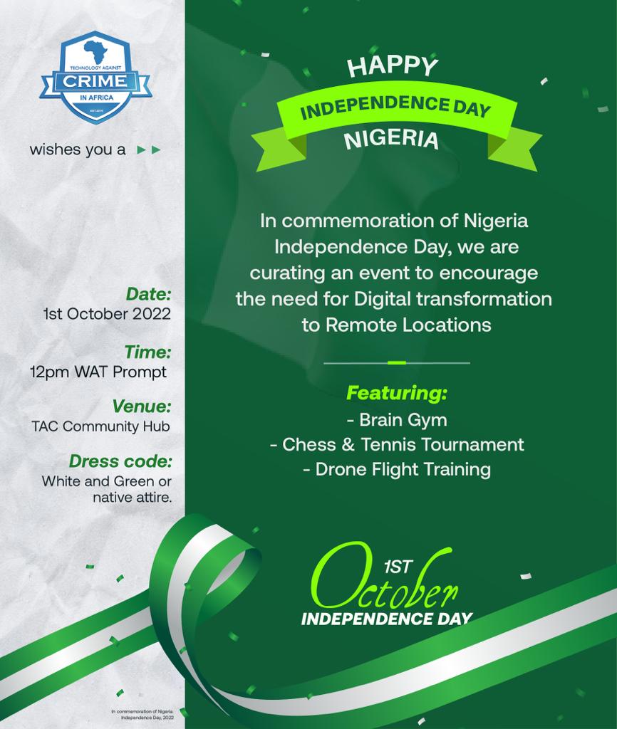 TACafricaNG's tweet photo. On the occasion of this significant day in the history of our country,🇳🇬🇳🇬 we thank and honor the patriotism of all who fought for its independence. Honor our invitation tomorrow!
#SOHK #IndependenceDay2022 #NigeriaIndependenceDay #Proj774
#TACNGO https://t.co/0U9zqv7Ve7