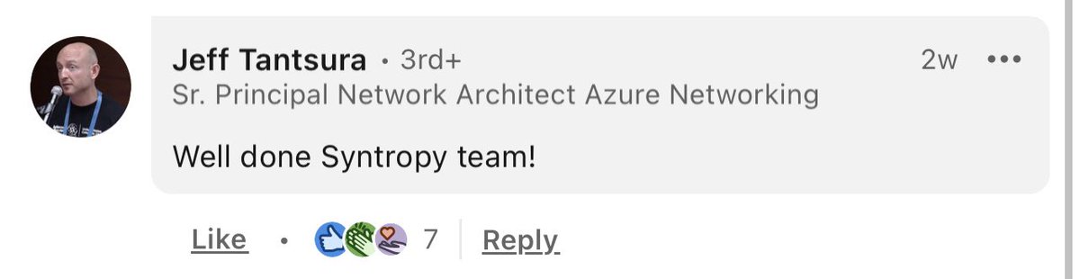 <a href="/Syntropynet/">Syntropy</a> adoption straight goes to the core industry. ISP!
Even <a href="/Azure/">Microsoft Azure</a> principle network architect celebrated this accomplishment.

Knowing Shawn (VP <a href="/Microsoft/">Microsoft</a> 5G) as one of the <a href="/Syntropynet/">Syntropy</a> strategic advisors, shouldn’t be surprising to see more big names mentioning $NOIA.