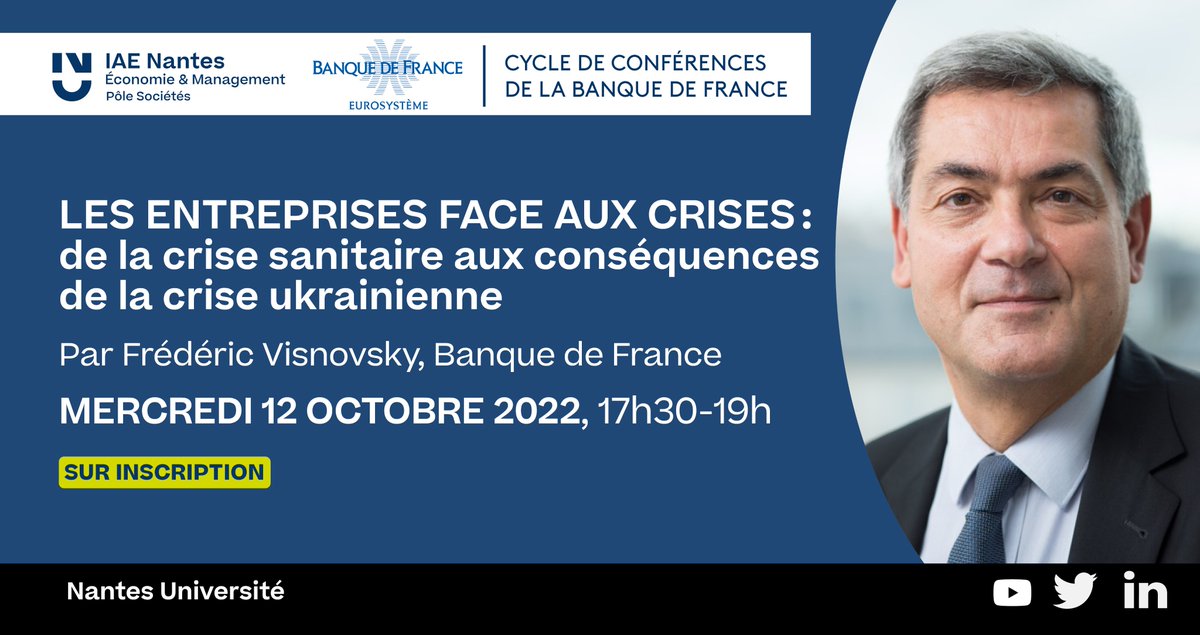 IAEnantes's tweet photo. [#Conférence] Crise sanitaire, crise ukrainienne, inflation... Comment les entreprises font-elles face ?L'#IAEnantes et la @banquedefrance, vous invitent à explorer le sujet avec Frédéric Visnovsky.
📅12/10, 17h30 à l'IAE Nantes ou en ligne
➡️Inscription > https://t.co/H1eBQ6hJmY https://t.co/rXmif1MyVf
