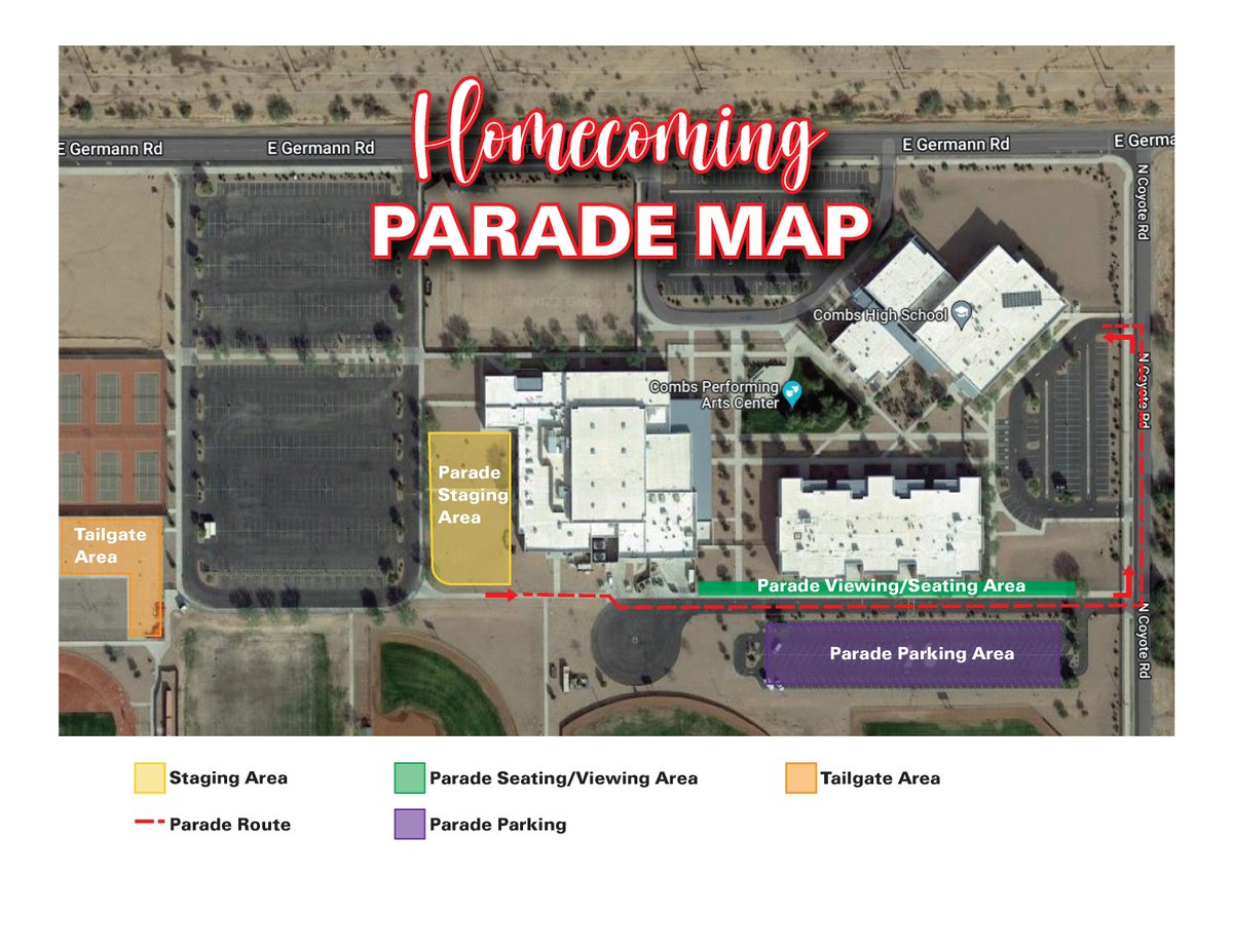 JOCombsUSD's tweet photo. 🚨🚘 The Homecoming Parade is only nine hours away and we can't wait to see our #CombsCommunity and kick off the fun! But please know the parade route has CHANGED! Attendees should plan to set up according to this map 👇 See you at 4:30pm! https://t.co/KvEqkKxhmD
