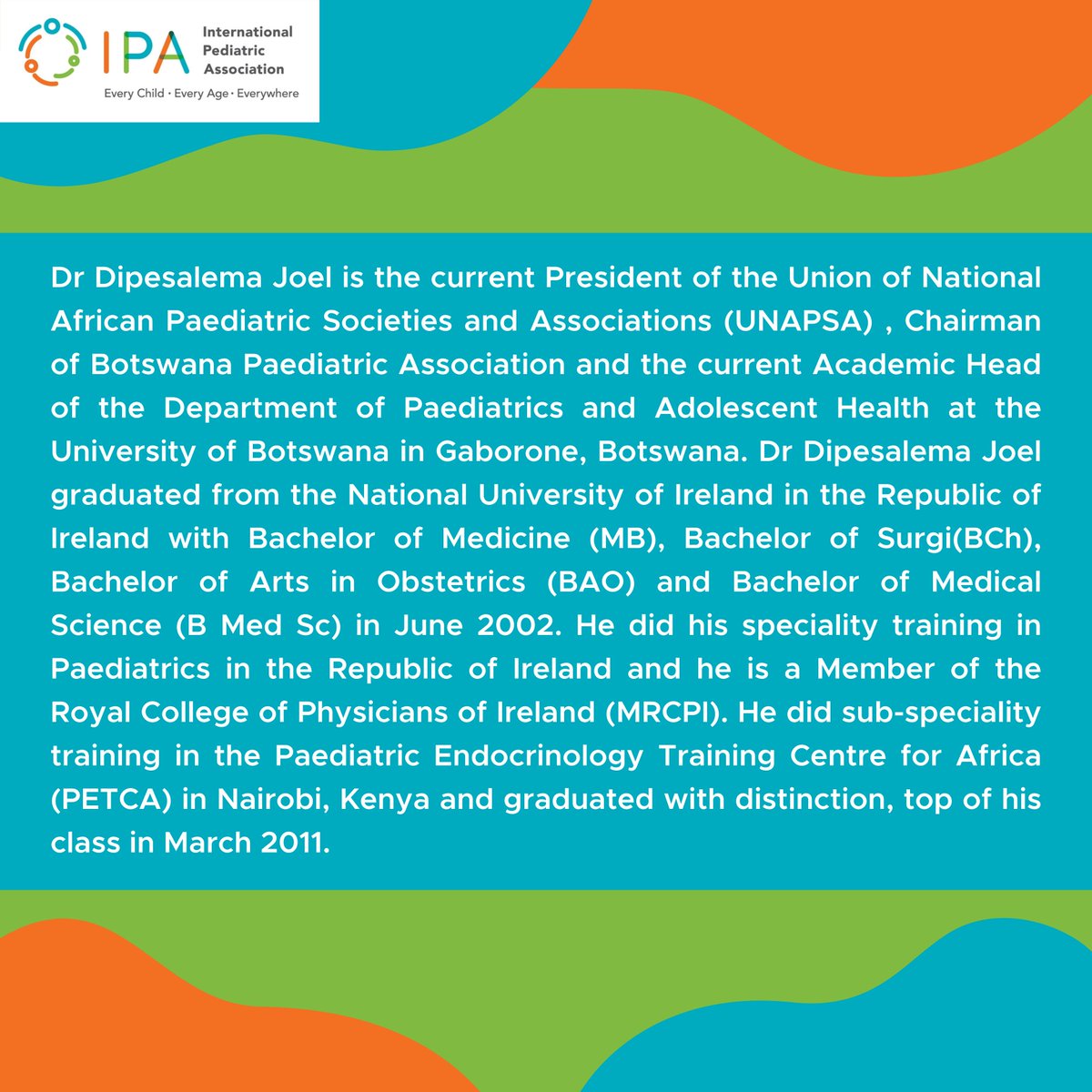IPAWorldorg's tweet photo. Meet our esteemed panelists!
IPA is proud to introduce Dr. Dipesalema Joel from Botswana as a panelist for "The Development of Newborn Screening: Moving Beyond the 1960’s" webinar.
Register via the following link: https://t.co/EbPmX2o4JO
#IPA #IPAWebinar #EnverHasanoglu https://t.co/zsrS4rVair