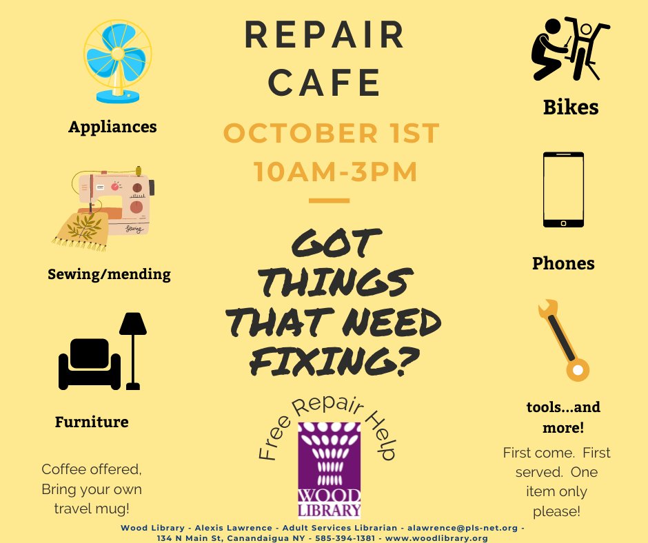 Wood_Library's tweet image. Join us for our first Repair this Saturday!!
Got stuff that needs fixing? Our fixers can repair small appliances, bikes, and furniture, mend clothes, and troubleshoot phones.  One item per patron.  First come.  First served.