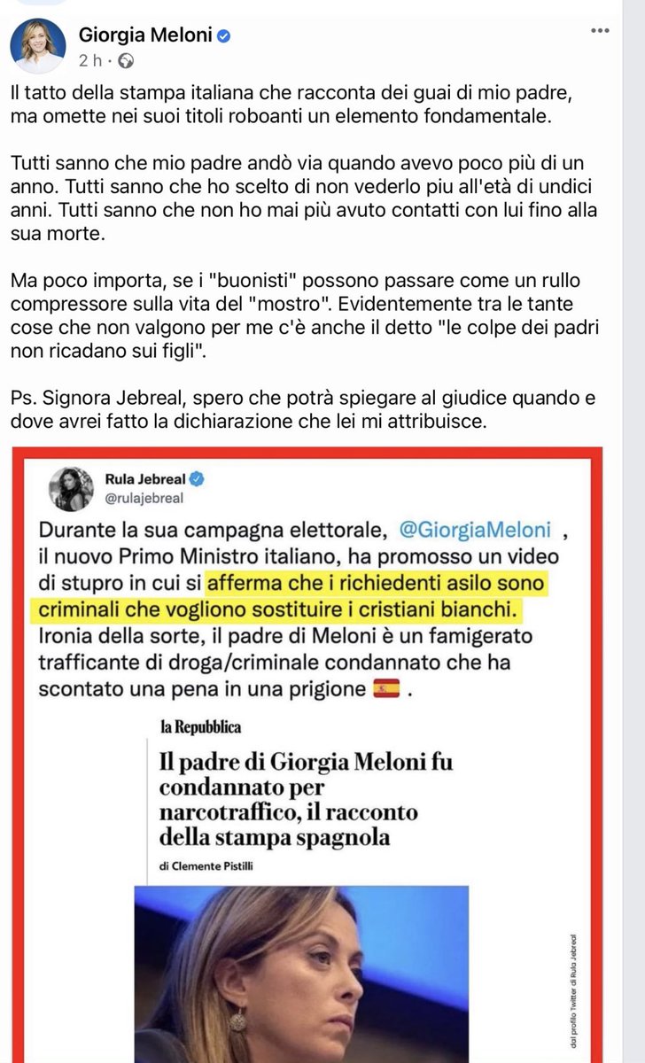 rulajebreal's tweet image. Italy’s new PM Meloni is threatening to sue me over my tweet re her replacement conspiracies, which are on video & widely covered by international media.
All autocrats use such threats to intimidate & silence those who call them out & expose them.
Ms. Meloni: I’m not intimidated!