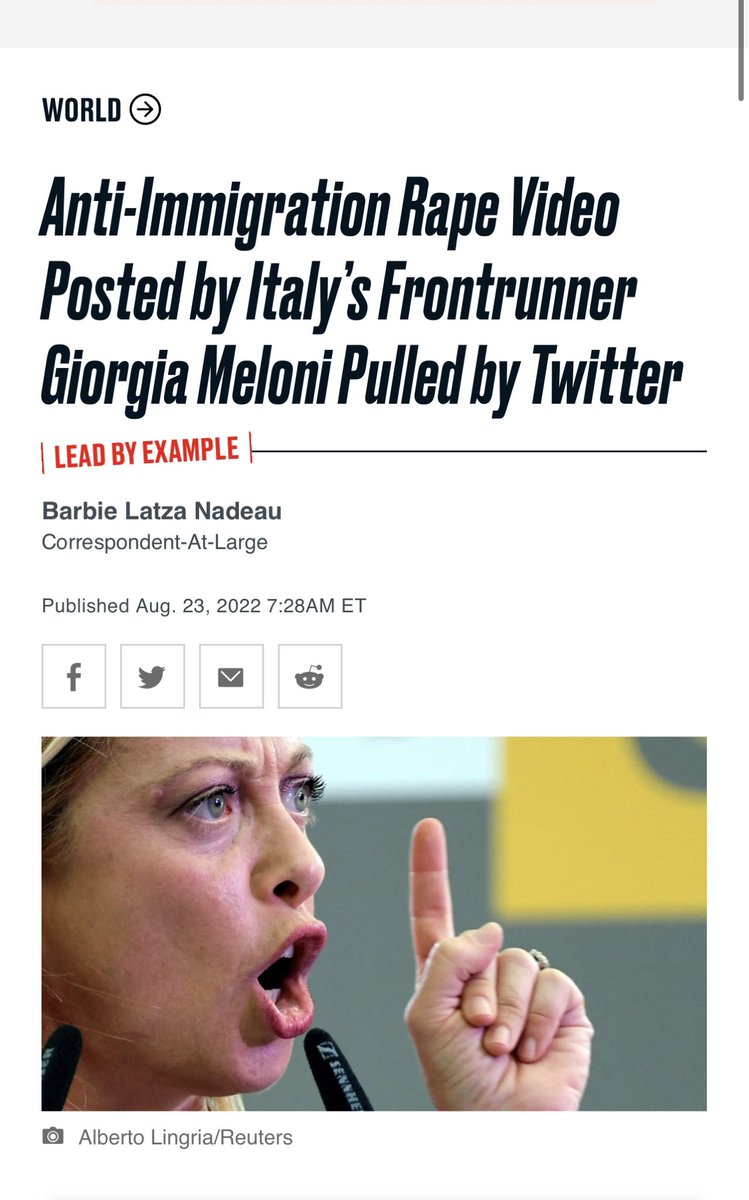 rulajebreal's tweet image. Italy’s new PM Meloni is threatening to sue me over my tweet re her replacement conspiracies, which are on video & widely covered by international media.
All autocrats use such threats to intimidate & silence those who call them out & expose them.
Ms. Meloni: I’m not intimidated!