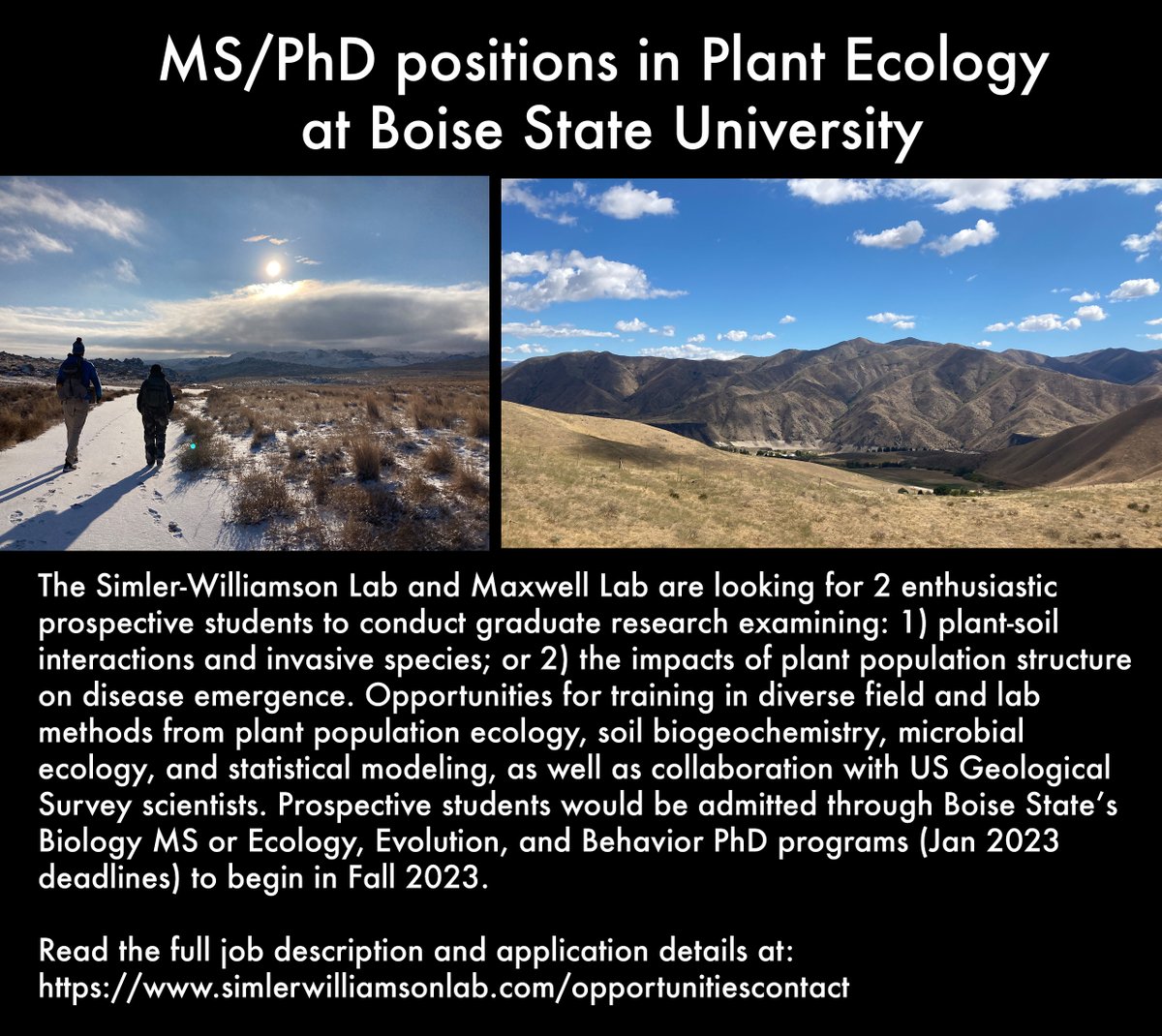 The Simler-Williamson lab at Boise State is recruiting MS &amp; PhD students in collaboration w/@tobymmaxwell Lab! Interested in plant populations, plant-soil-microbial interactions, invasive species, disturbance, and/or pathogens? Full job postings here! 
simlerwilliamsonlab.com/opportunitiesc…