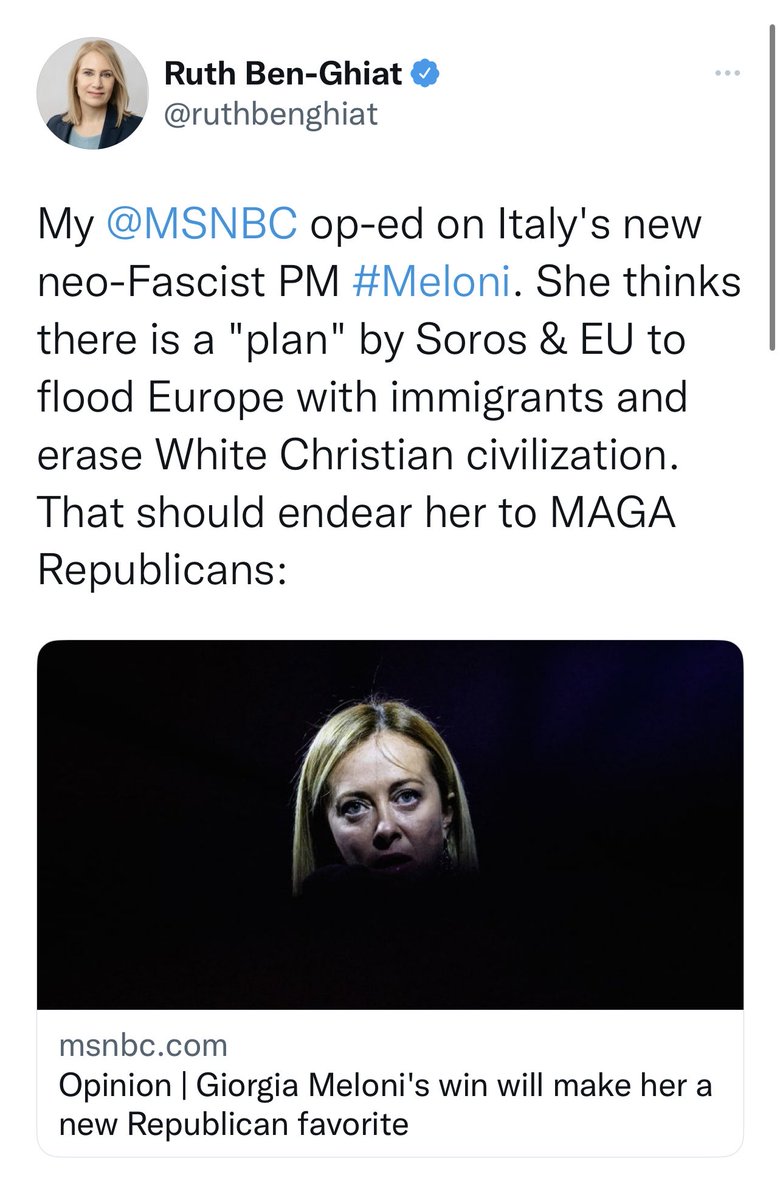 rulajebreal's tweet image. Italy’s new PM Meloni is threatening to sue me over my tweet re her replacement conspiracies, which are on video & widely covered by international media.
All autocrats use such threats to intimidate & silence those who call them out & expose them.
Ms. Meloni: I’m not intimidated!