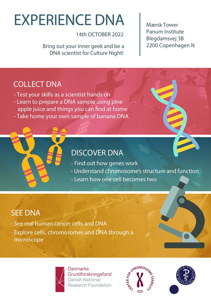 ccs_ku_dk's tweet photo. Come and learn about #DNA, #chromosomes and #cancer with members of the CCS at #Copenhagen Culture Night. We look forward to seeing you on the 14th of October! https://t.co/ajLn5TfacK https://t.co/ZfRfdnjBKn