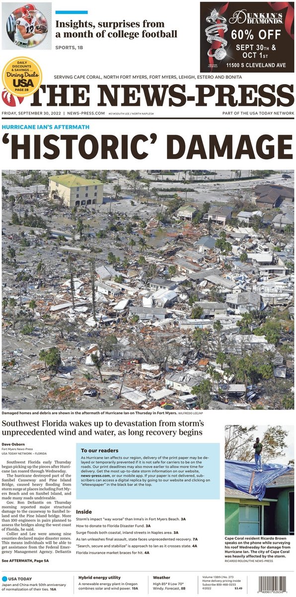 craigtimes's tweet photo. Take a minute &amp; salute all the #Florida #journalists who did their jobs &amp; reported on #HurricaneIan while also dealing with the safety of their own families &amp; belongings. Here's today's Fort Myers News-Press front page, reporting the destruction of its own town. https://t.co/xgqhkkPNYB