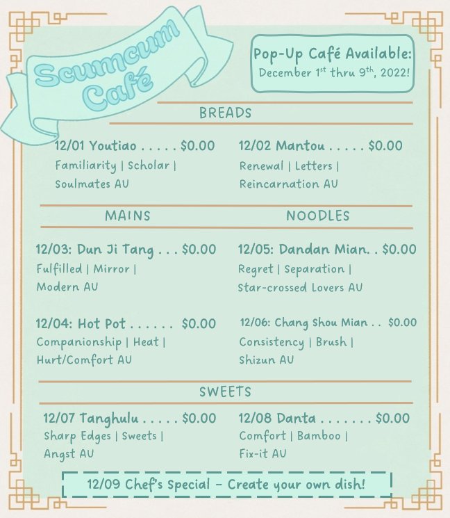 jiuyuan2022's tweet photo. We're excited to be revealing our menu for this year!! 🍵

Here are the prompts and rules for this event. We can't wait to see what you're cooking up this year for #ScumcumWeek2022!! See you in the cafe on Dec 1st!! ✨

#svsss #shencest #jiuyuan #scumcum https://t.co/e7eCpw39E7
