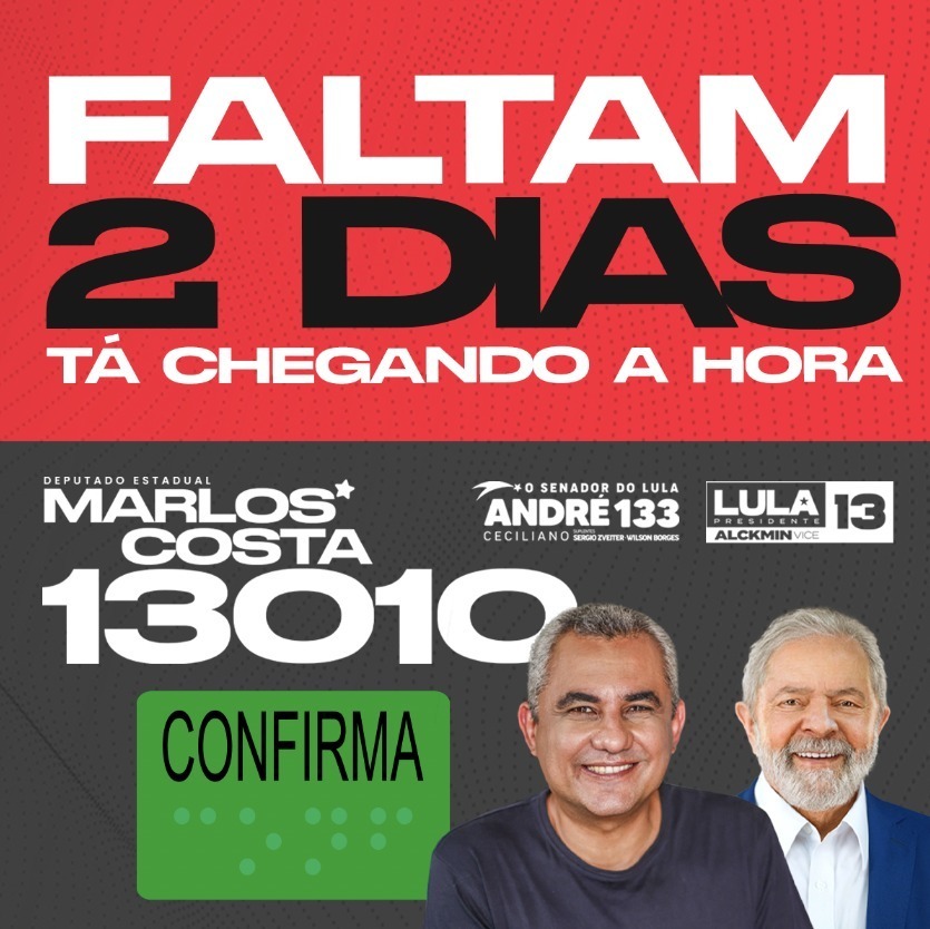 marloscosta's tweet photo. Faltam 2 dias para votarmos pela mudança. É Lula 13, André Ceciliano 133 e Marlos Costa 13010! Vamos juntos!

#odeputadodolula https://t.co/1J8krYPBIt