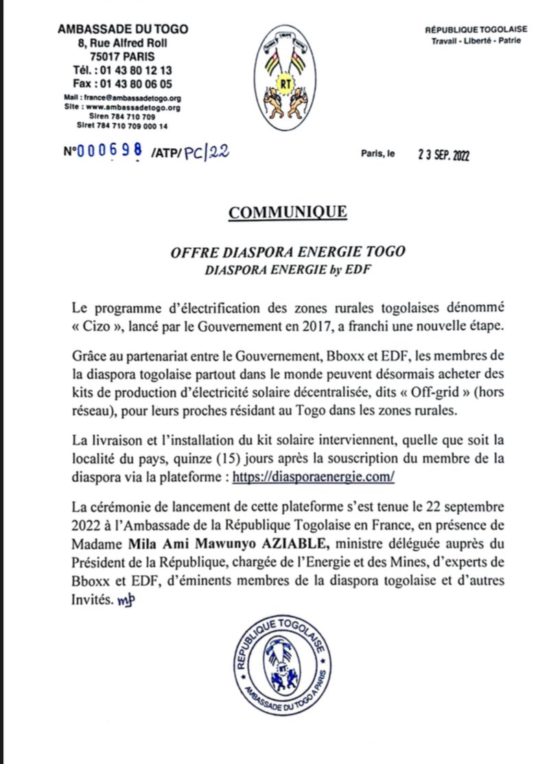 CBMadjoulba's tweet photo. Chère #DiasporaTg, grâce au partenariat établi entre le @GouvTg et  @bboxx_Togo-EDF et lancé le 22/09 à l’ambassade, vous avez désormais la possibilité d’offrir à vos proches en zone rurale, des kits solaires, avec une installation en moins de 15 jours. ➡️ https://t.co/8NG7xBJrh4 https://t.co/1McpwPqL7K