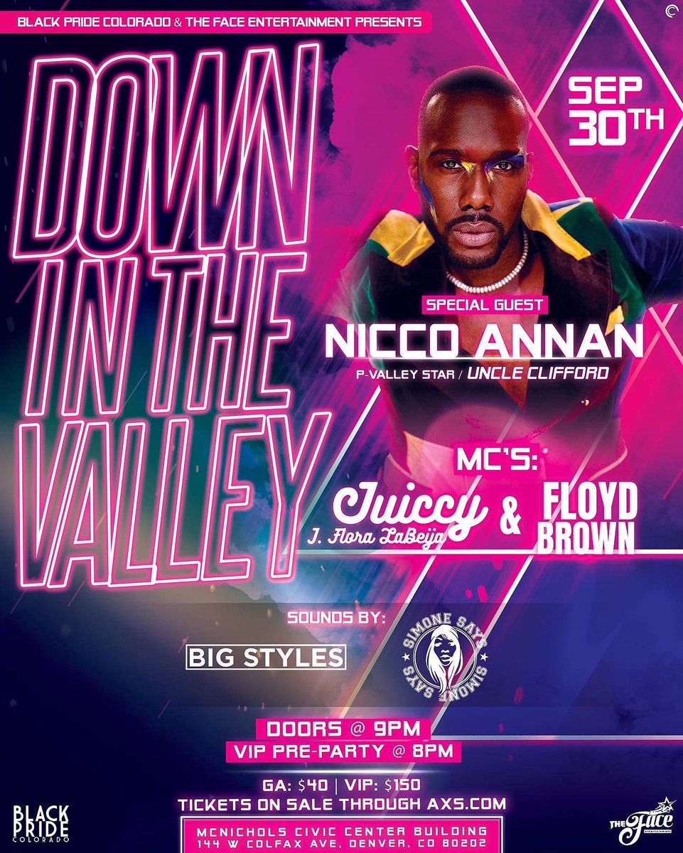 TODAY IS THE DAY! 🙌🏾
 
Black Pride Colorado / The Face ENT 
Presents: 

DOWN IN THE VALLEY💋✨
Hosted By: Nicco Annan! P Valley’s Uncle Clifford! <a href="/alldaynicco/">Nicco Annan</a> 

McNichols Civic Center Building @mcnicholsbuilding 

Click below to grab your tickets! 

axs.com/events/448320/…