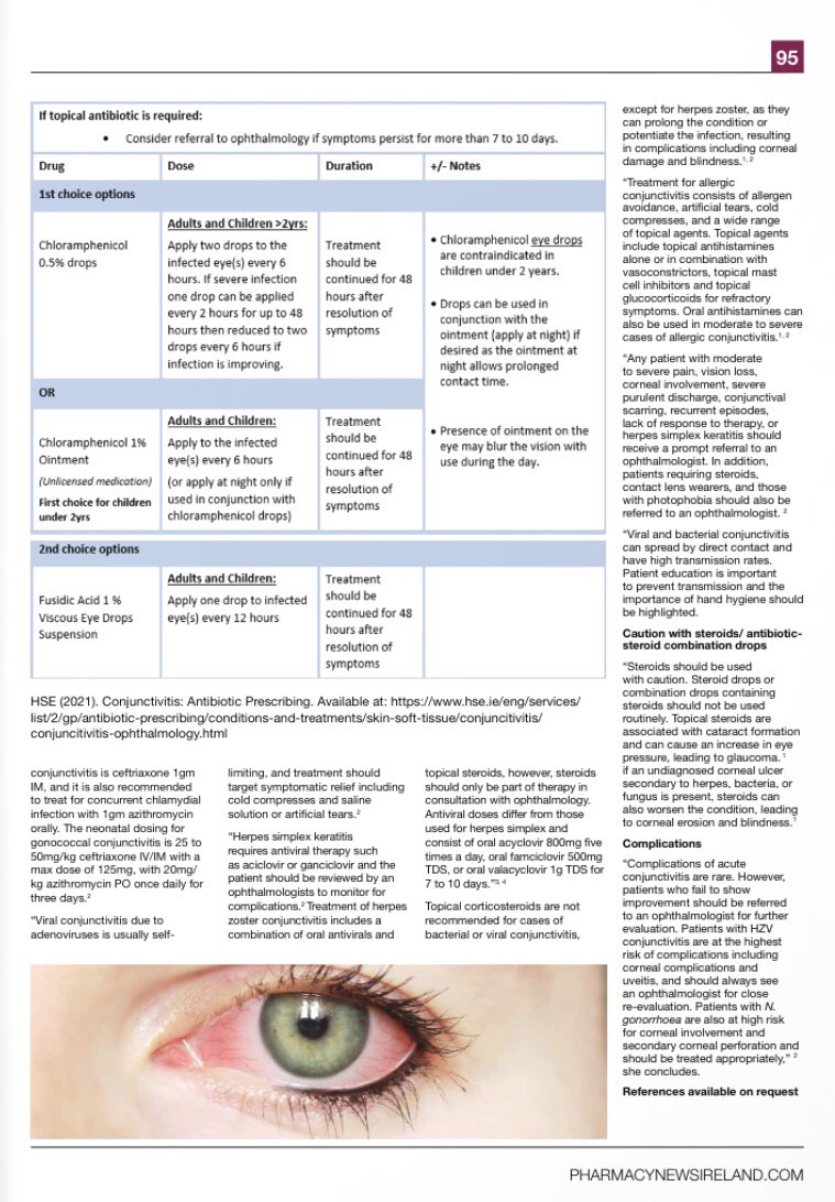 #Conjunctivitis (red or pink eye) can be acute or chronic and infectious or non-infectious. Viruses and bacteria are the most common infectious causes. Read more about conjunctivitis in my article in the Oct edition of @Irish_PharmNews Irish Pharmacy News. pharmacynewsireland.com/digital-magazi…