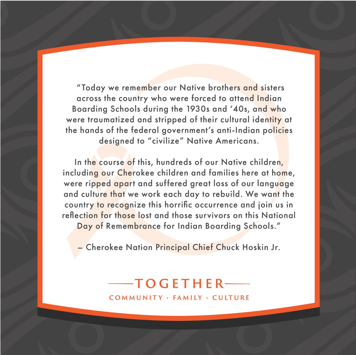 Today is National Day of Remembrance for Indian Boarding Schools. We ask that this horrific history be recognized and ask all to join us in reflection for survivors and those lost. #OrangeShirtDay #EveryChildMatters