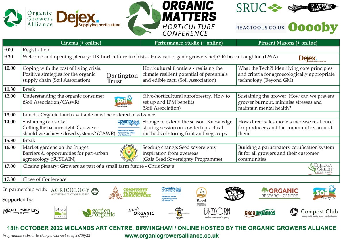 Our latest, slightly tweaked programme for #OrganicMatters22 Make sure you book your tickets this weekend! organicgrowersalliance.co.uk/organic-matter…
