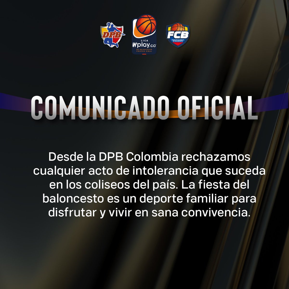 DPB_Colombia's tweet photo. COMUNICADO OFICIAL

La División Profesional de Baloncesto lamenta y rechaza la situación vivida en Soacha durante el encuentro entre Cóndores y Piratas. Hacemos un llamado a vivir el deporte en armonía, generando unión y brindando espacios de esparcimiento en familia. https://t.co/Vq4yZNdatB