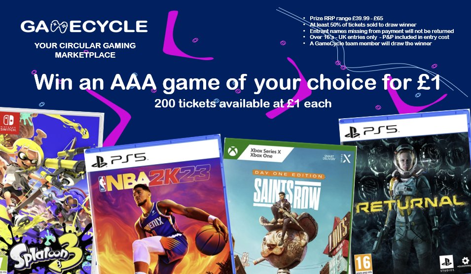 Twitter exclusive!!🎮🎉

Just for our #twitter follower we're running a #gaming competition gamecycle.co.uk/competition

Head over to the website and grab a ticket!

#gamingcommunity #ps5 #XboxSeriesX #NintendoSwitch