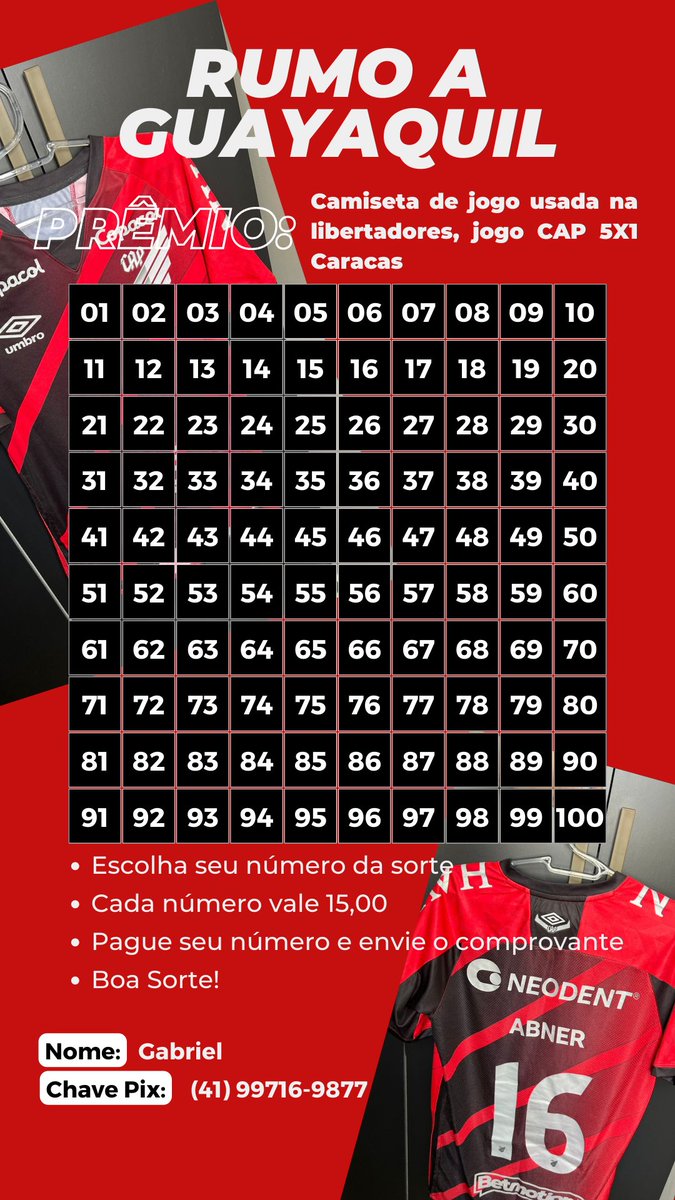 Gabespanhol_'s tweet photo. Fala galera tudo bem? Pelo sonho de ir a guayaquil estarei rifando uma camisa de jogo , usada pelo abner nessa libertadores,no jogo cap 5 x 1 caracas, cada nome custa 15 reais, é so escolher o numero e mandar o comprovante do pix, ajudem o amigo a realizar esse sonho 🙏🏽 https://t.co/bYDMvhVoVS