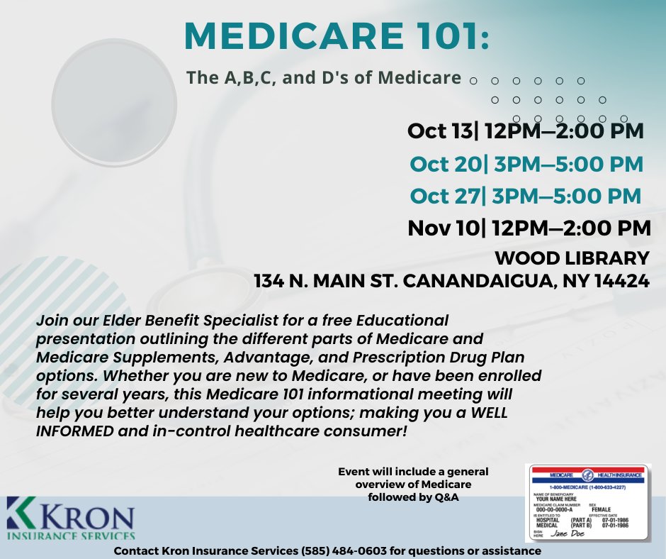 Wood_Library's tweet image. Kron Insurance Services will be hosting Medicare 101 information sessions  Thursdays during the Month of October at Wood Library. Find out everything you need to know to better understand your options. 

visit woodlibrary.librarycalendar.com/event/medicare… for more information.