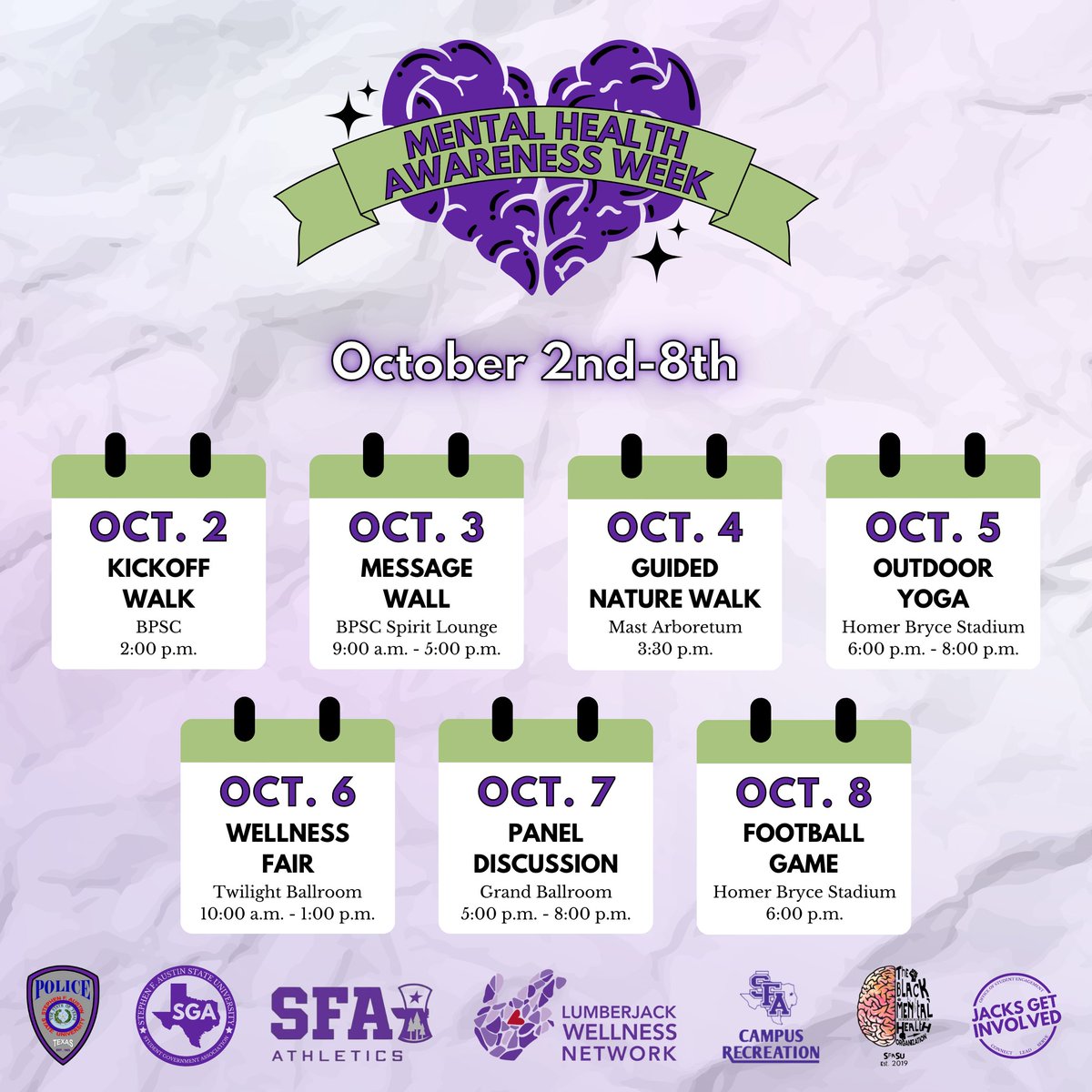 The Campus Rec has partnered with Mental Health Awareness Week and will be hosting two events: the Wellness Fair on Oct. 6th and a Panel Discussion on Oct. 7th. Come check them as well as the other events of the week out!