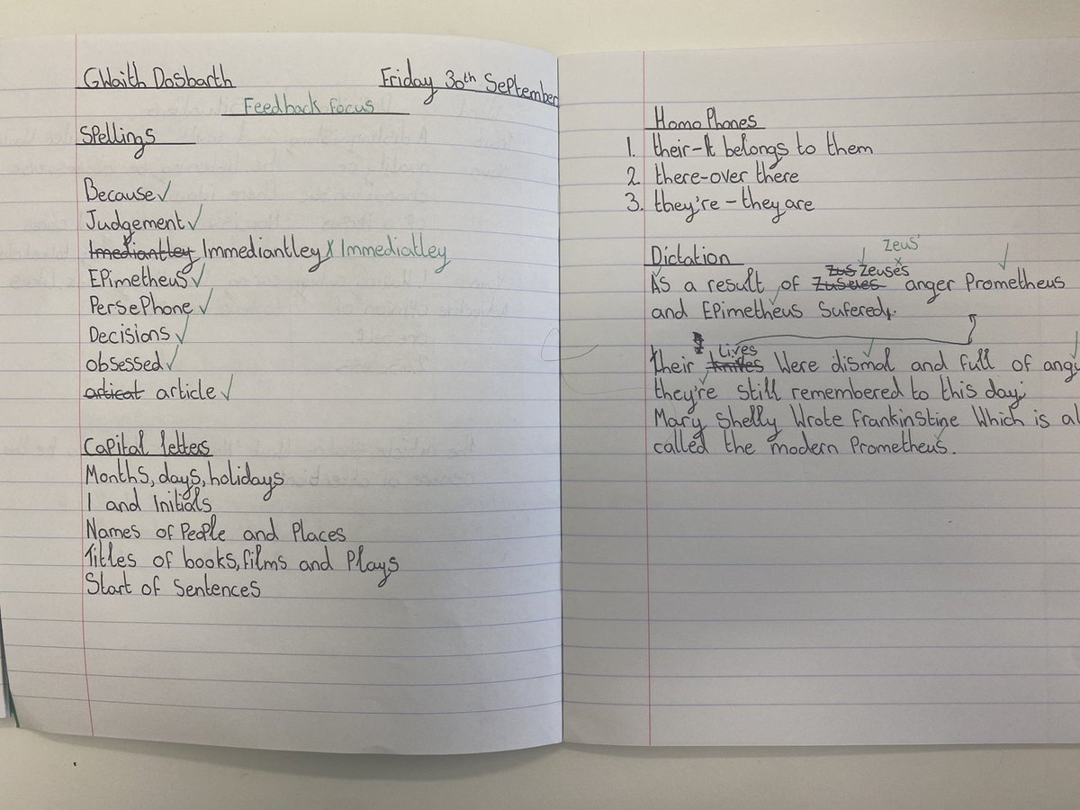 mrsbgteach's tweet photo. Some great work during our #feedbackfocus session today! Clear engagement, improvement, and no red pen! Our focus was capital letters and homophones (their/they’re/there). Great work, 7RWH! @CyresYr7 @MissRaWhite https://t.co/qIztarVYSR