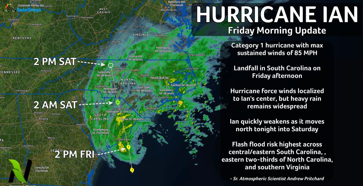 Hurricane Ian remains a Cat 1 with max sustained winds of 85 mph, center located approximately 105 miles SSE of Charleston, SC. Ian continues to wobble NE this AM but is expected to slowly curve to the NW and make another landfall on the coast of South Carolina this afternoon.