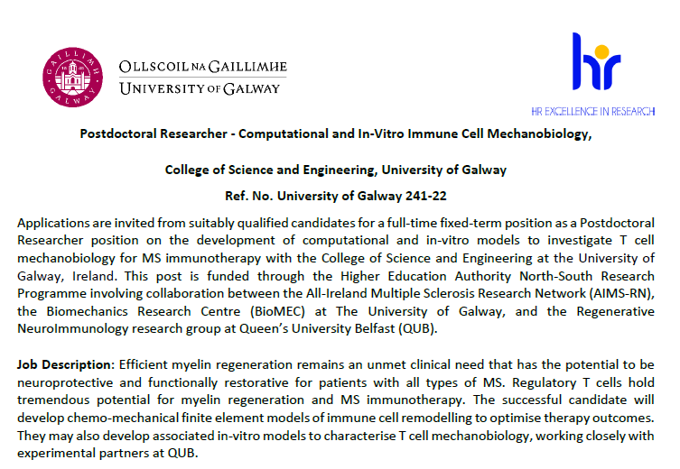 We still have an open postdoc position on immune cell mechanobiology! Suitable for a candidate with experience in computational cell/tissue biomechanics. Come join our team <a href="/Bio_Eng_NUIG/">Biomedical Engineering University of Galway</a> <a href="/aims_rn/">AIMS-RN</a> <a href="/bio_mec/">BioMEC</a> . RTs welcome!

Full details in the link below:
nature.com/naturecareers/…
