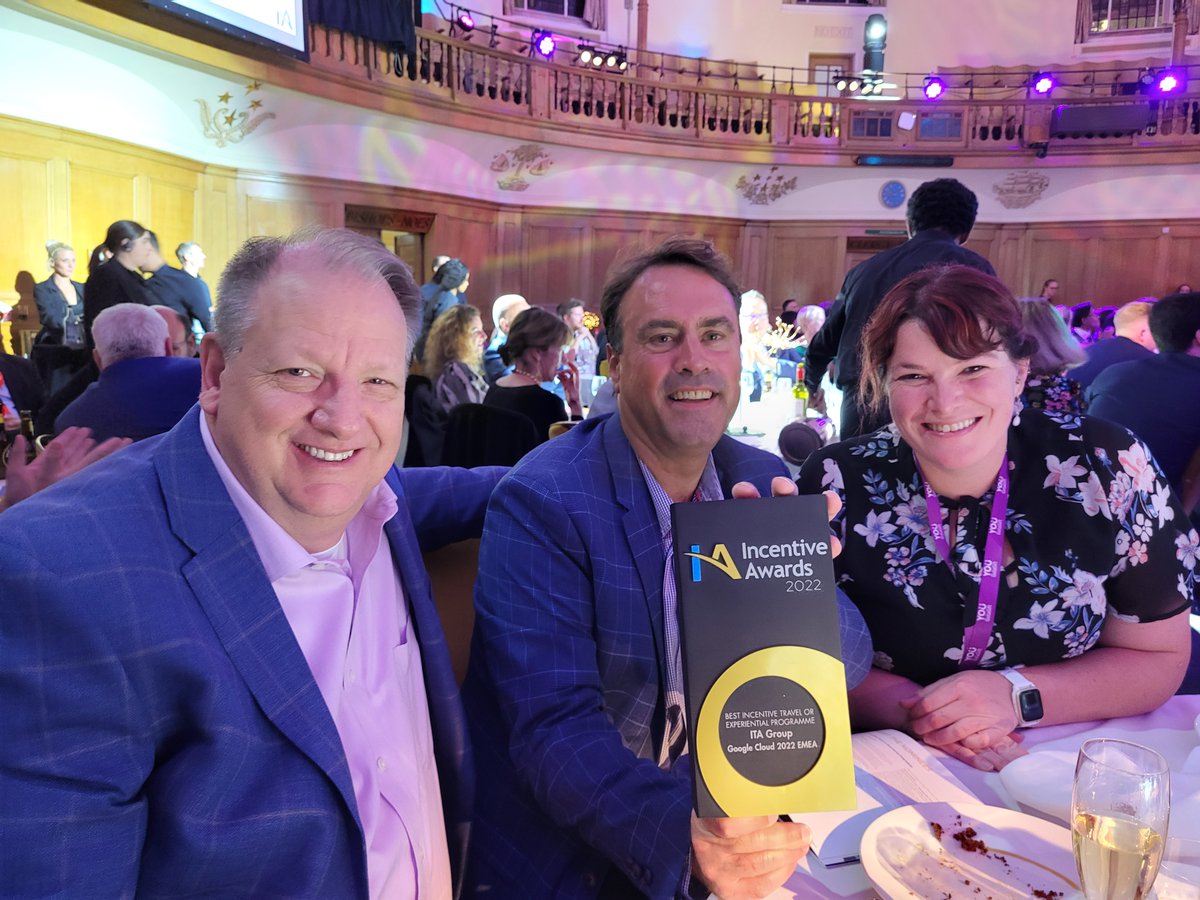 ITAGroup's tweet photo. We're thrilled to be named @IAwards2022's Best Incentive Travel Program for our partnership with Google Cloud! Our team spent an unforgettable evening accepting this honor at the @IMAEurope Summit in London. Learn more! https://t.co/hPJqSFCqXH #incentivetravel #eventmanagement https://t.co/QzcWihJM3R