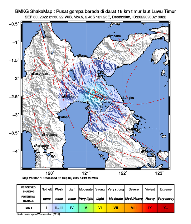 infoBMKG's tweet photo. #Gempa Mag:4.5, 30-Sep-22 21:30:22 WIB, Lok:2.46 LS, 121.25 BT (Pusat gempa berada di darat 16 km timur laut Luwu Timur), Kedlmn:3 Km Dirasakan (MMI) III Sorowako, III Malili, III Nuha, II - III Luwu #BMKG https://t.co/t76u0SFWWk