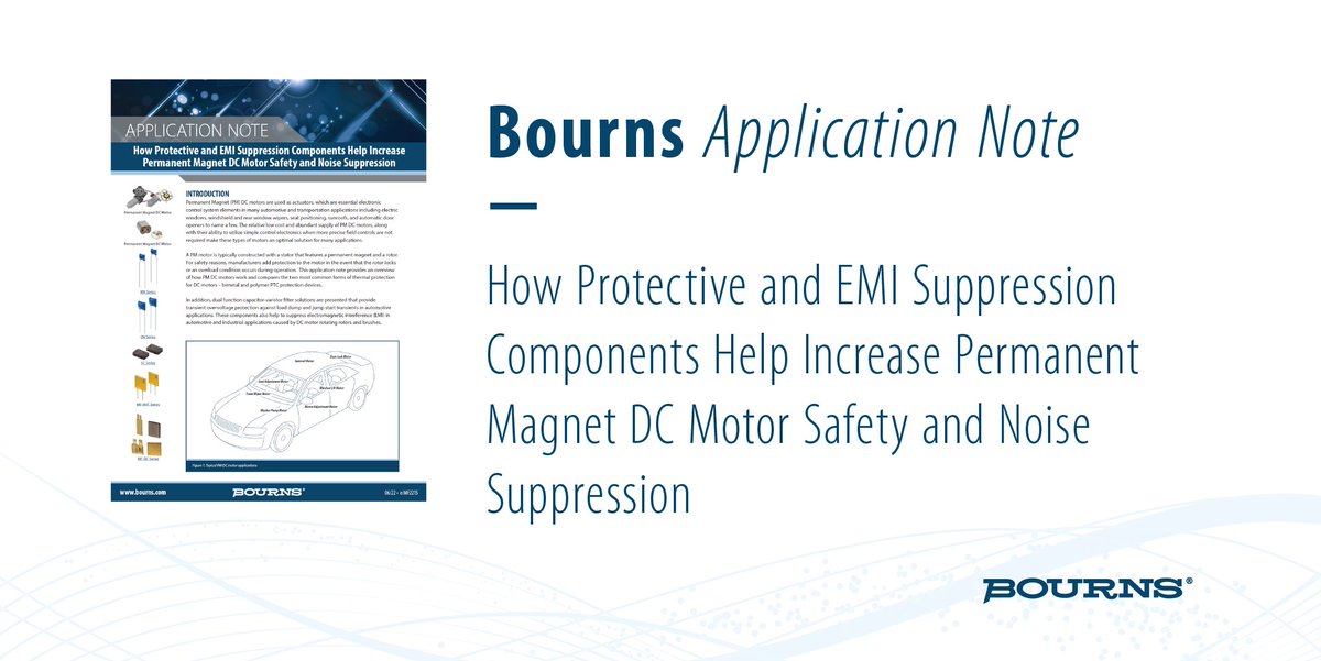 Bourns's tweet photo. Do you know how protective and EMI suppression components help increase permanent magnet DC motor safety and noise suppression? Read this application note to learn more: https://t.co/IqrHIZTYxk
#bourns #circuitprotection #multifuse https://t.co/aLcVZeTL8t