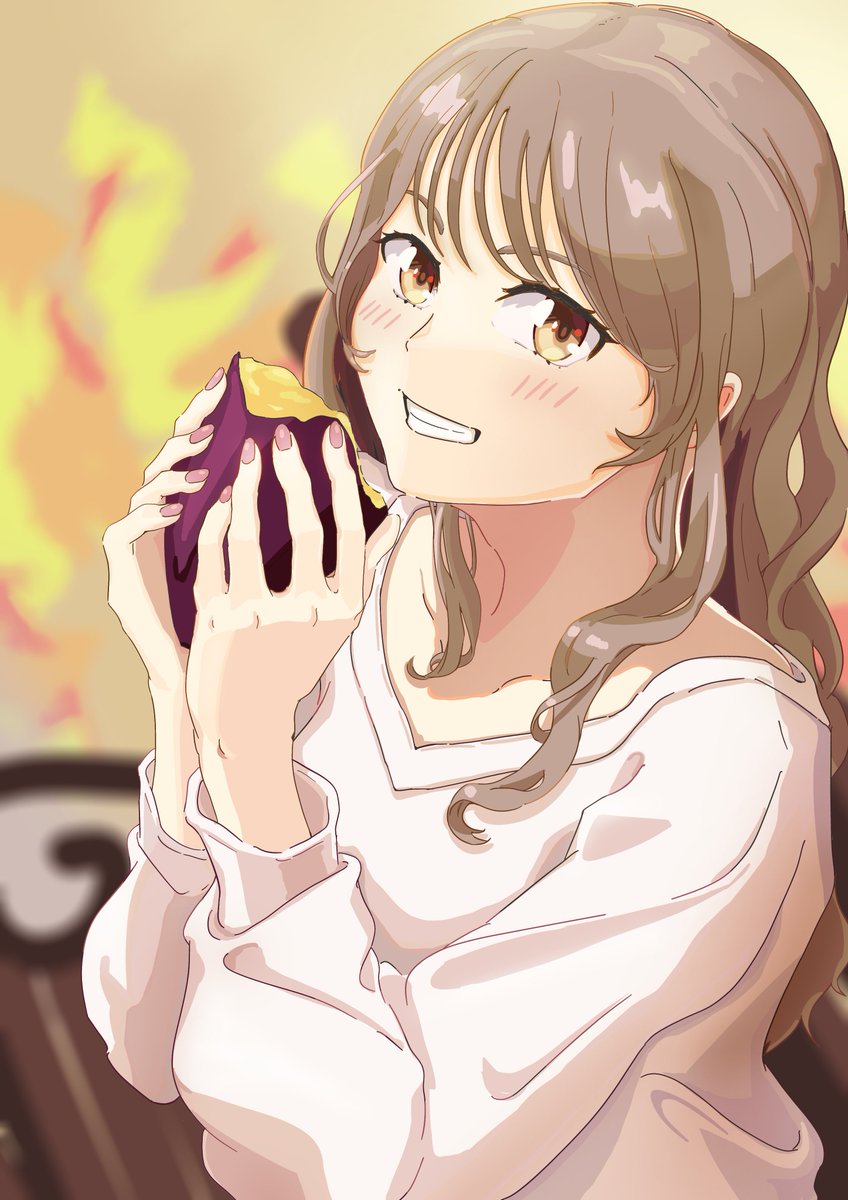 1girl sweet potato food solo smile brown hair long hair  illustration images
