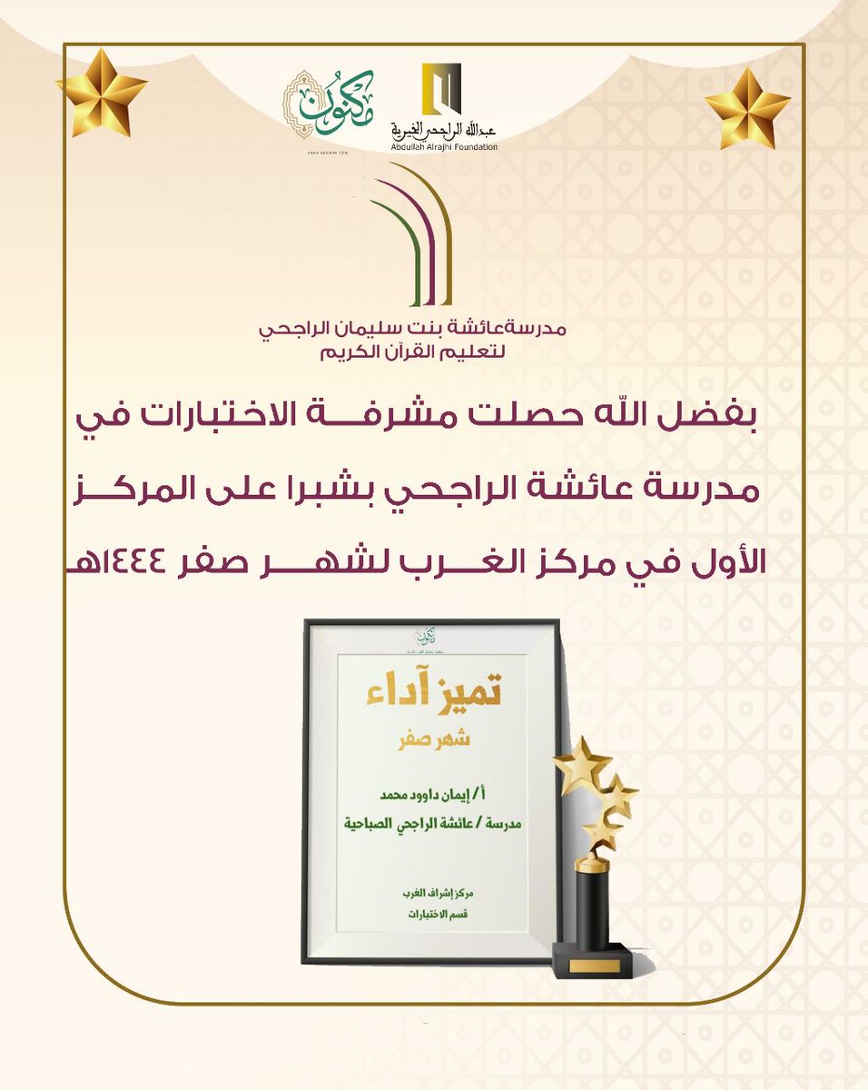 بفضل الله حصلت مشرفة  الاختبارات في مدرسة عائشة الراجحي على المركز الاول في مركز الغرب لشهر صفر 1444 هجري