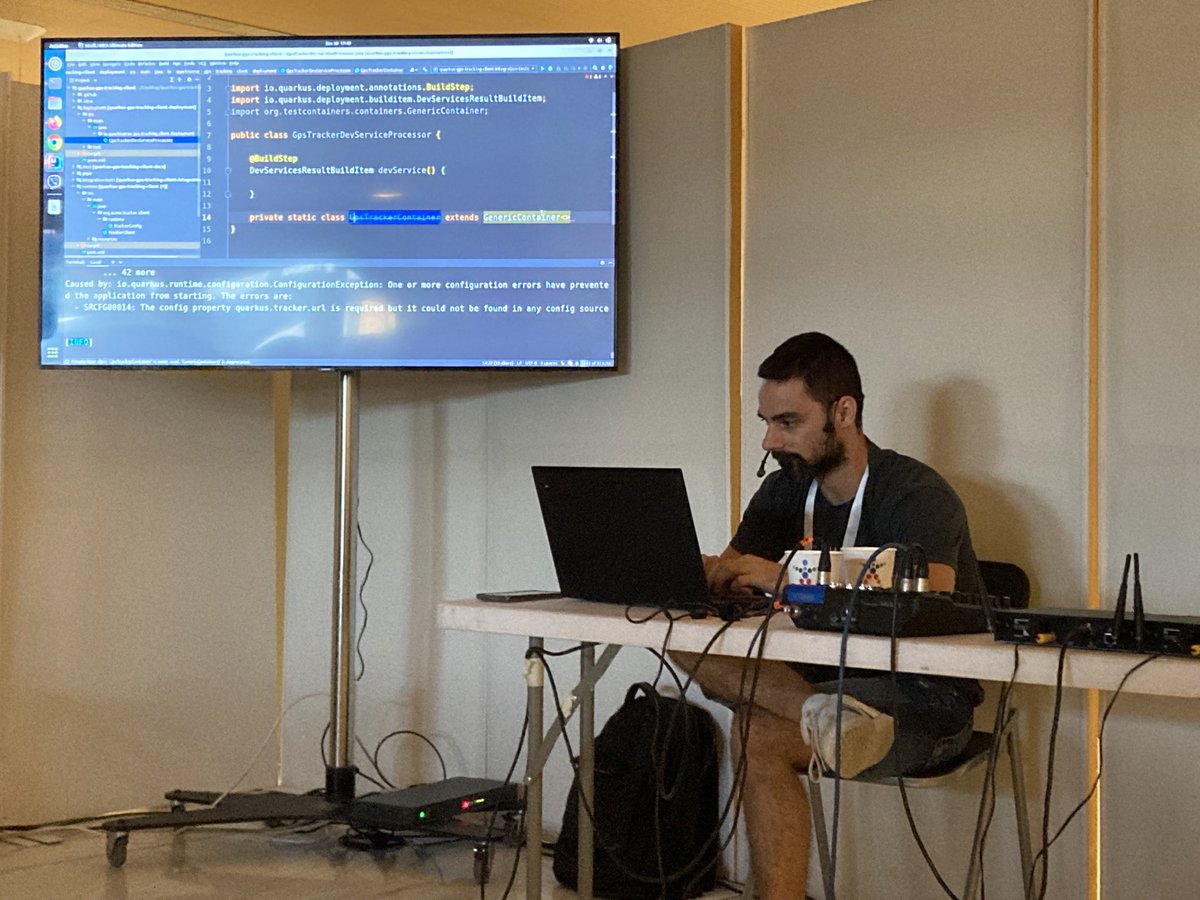 ⁦<a href="/QuarkusIO/">Quarkus</a>⁩ porn : ⁦<a href="/geoand86/">Georgios Andrianakis</a>⁩ live codes with ⁦<a href="/iocanel/">Ioannis Canellos</a>⁩ extension that starts DevServices (for fun) - ⁦@VoxxedAthens⁩