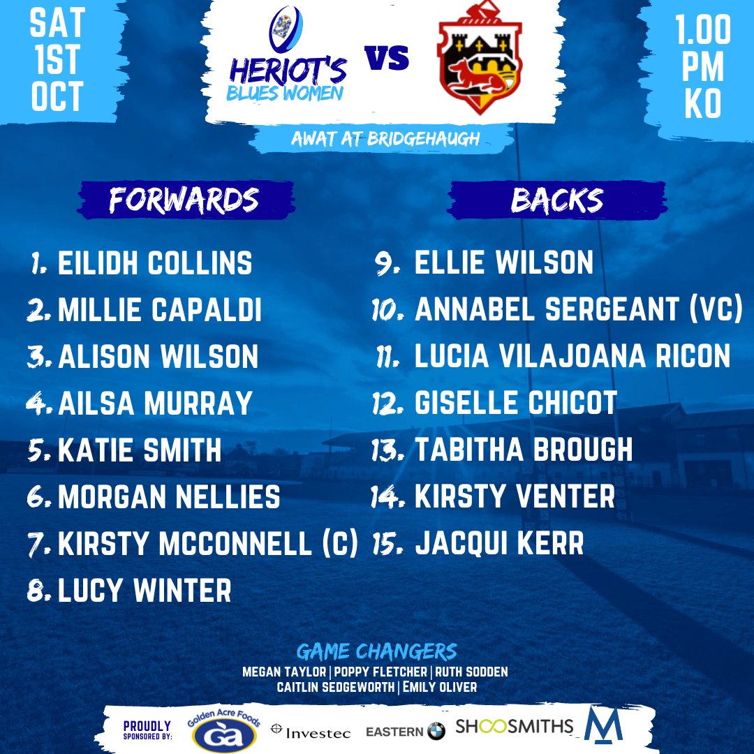 HeriotsRugby's tweet photo. 🚨TEAM ANNOUNCEMENT🚨

Heriot's Blues Women are travelling to Stirling tomorrow 
  
🏉 Heriot's Blues Women v @StirlingCounty 
🗓 Sat 1st Oct 2022
🏟 Bridgehaugh
⏱13:00
🎫 @citizenticket 

Read more https://t.co/mQA2mNmxmI

#GoldenAcreFoods @MSCroasters @EasternBMW https://t.co/Bq9c5IEE3u