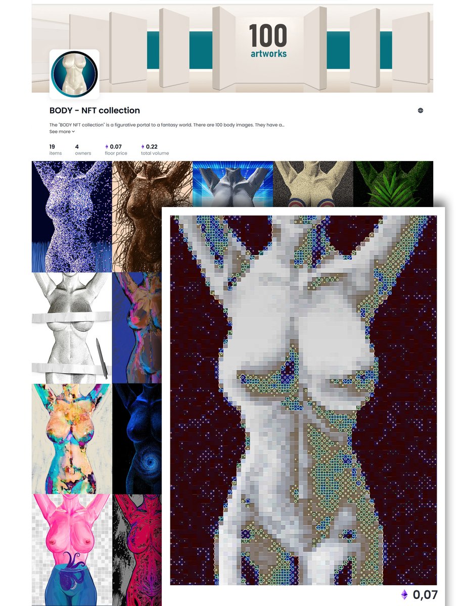 Artodreams.ink (@artodreams) on Twitter photo 023 - Mosaic
This token is one of the BODY collection, which consists of 100 artworks
0.07 ETH
opensea.io/collection/bod…
#digitalart #cryptoart #NFT #art #collector #artist #artwork #painting #abstract #opensea #woman #nftcollectors #nftart #body #collection #Statue #mosaic #design 023 - Mosaic
This token is one of the BODY collection, which consists of 100 artworks
0.07 ETH
opensea.io/collection/bod…
#digitalart #cryptoart #NFT #art #collector #artist #artwork #painting #abstract #opensea #woman #nftcollectors #nftart #body #collection #Statue #mosaic #design