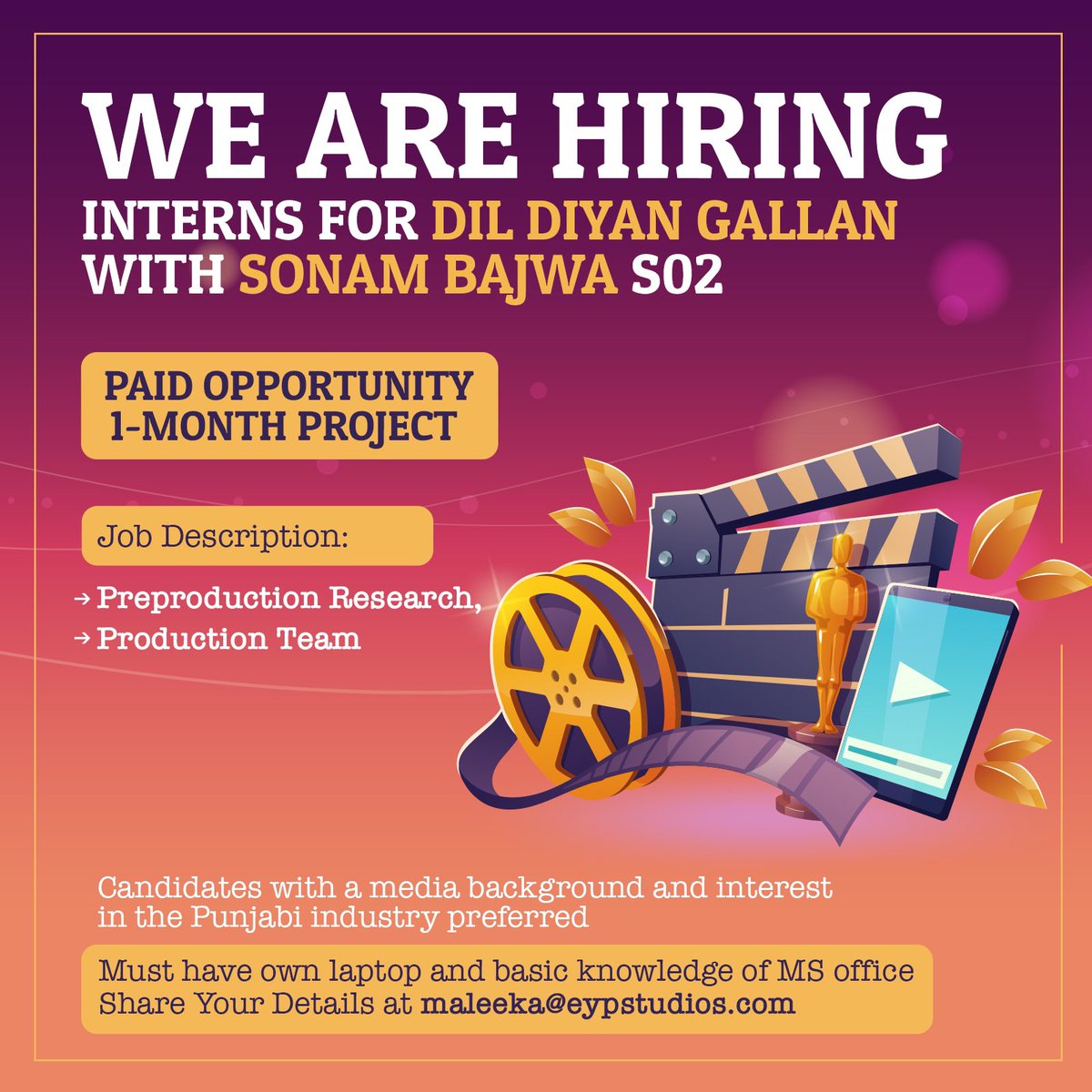 EYP Creations (@eypcreations) on Twitter photo WE ARE HIRINGGGGG!!!
Drop your resumes at maleeka@eypstudios.com and we'll be back to you very soon.
.
.
#hiring #hiringalert #job #mohali #eypcreations #jobalert #humanresource #chandigarh #project #research #artist #hiringnow #production WE ARE HIRINGGGGG!!!
Drop your resumes at maleeka@eypstudios.com and we'll be back to you very soon.
.
.
#hiring #hiringalert #job #mohali #eypcreations #jobalert #humanresource #chandigarh #project #research #artist #hiringnow #production