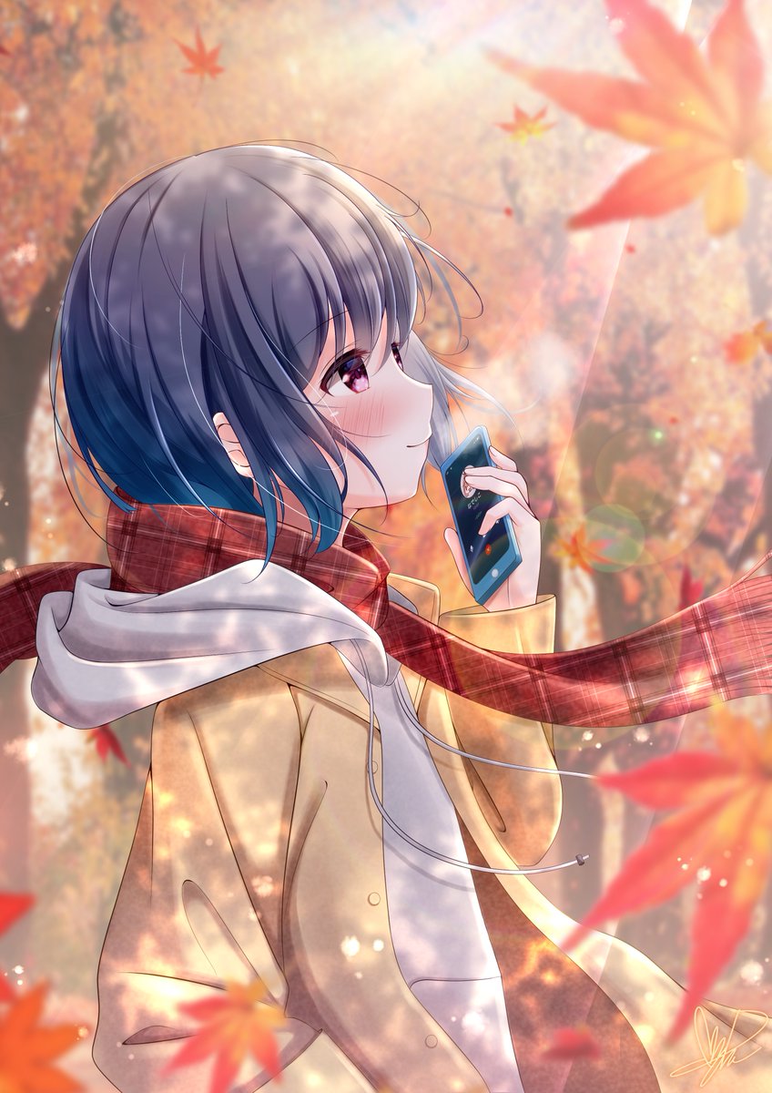 1girl scarf solo holding autumn leaves hood outdoors  illustration images