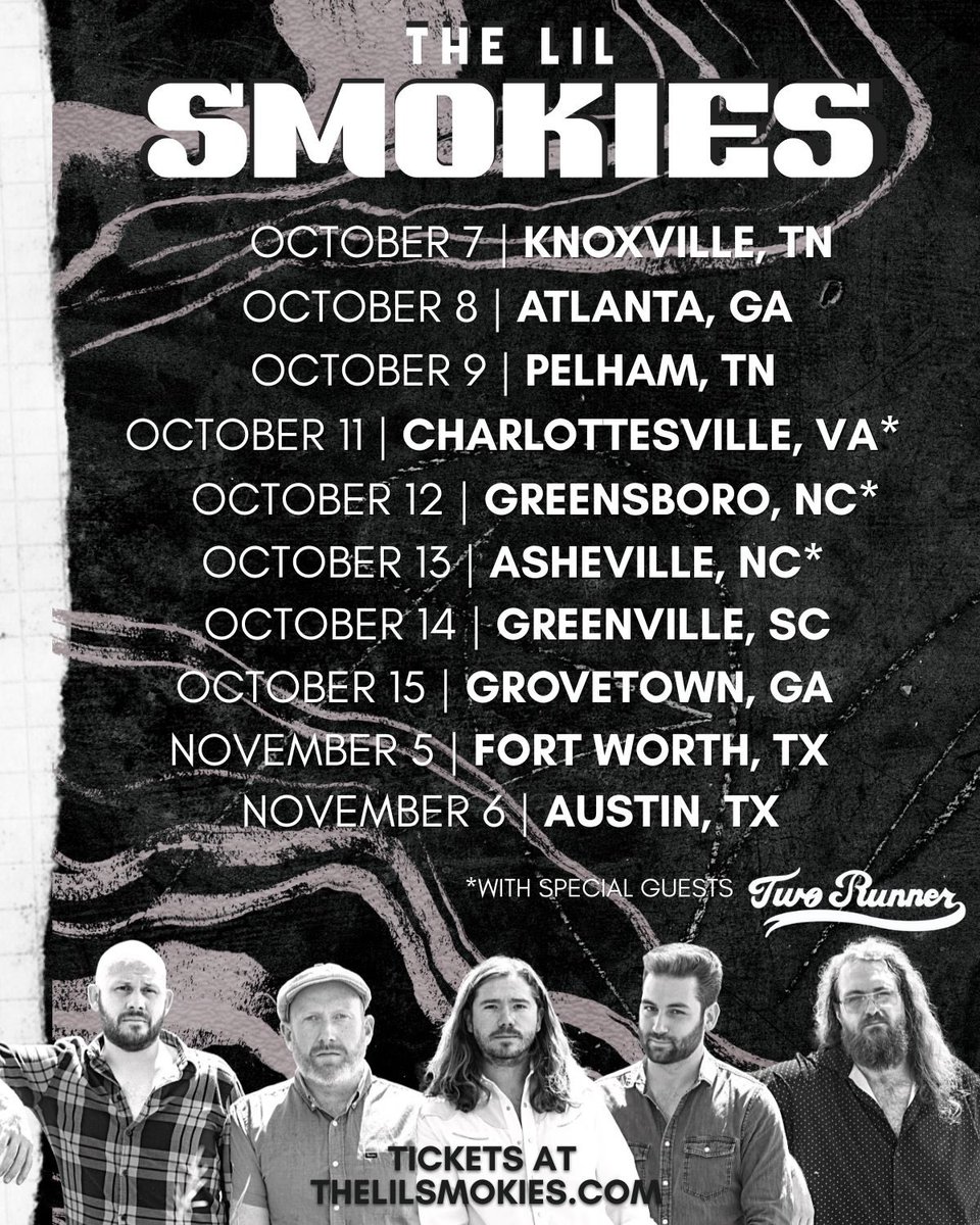 The Lil Smokies (@thelilsmokies) on Twitter photo Southeast tour kicks off in one week with <a href="/TwoRunner/">Two Runner Band</a> joining us in Charlottesville, Greensboro and Asheville. Tickets available at thelilsmokies.com. See you there! Southeast tour kicks off in one week with <a href="/TwoRunner/">Two Runner Band</a> joining us in Charlottesville, Greensboro and Asheville. Tickets available at thelilsmokies.com. See you there!