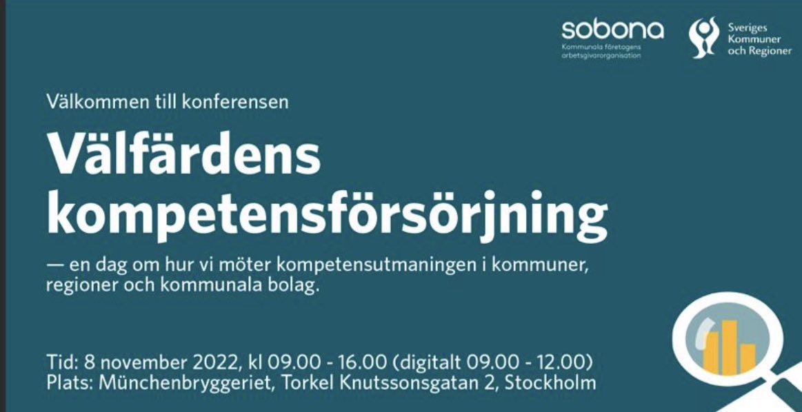 Jobbar du med #kompetensförsörjning i en kommun eller region? Då vill vi tipsa om Välfärdens kompetensförsörjning 8/11. En dag full av inspiration och konkreta exempel på hur andra jobbar med kompetensutmaningen i kommuner, regioner och kommunala bolag. lnkd.in/dC8CGaMw
