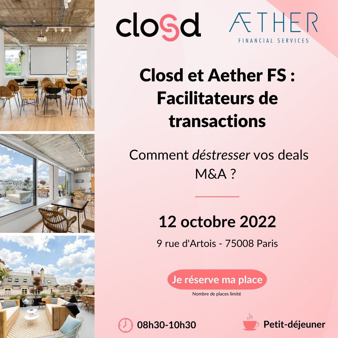 🥐☕️ Deux game changers de la gestion des opérations juridiques &amp; financières organisent un petit-déjeuner! Au programme: toutes les 🔑 d'une opération &amp; d'un closing réussis de bout en bout

Inscription ➡ form.typeform.com/to/Gpc2zs5d?ty…
#mna #financialservices #aether #closd #legaltech
