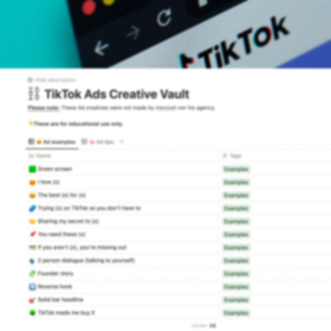 h4mzah_'s tweet image. For 2 months, I've been saving every ba$ed TikTok Ad Creative that I've come across. 

I've made a Notion Swipe File consisting of 49 videos which you can STEAL for FREE.

Simply retweet + comment “print” to get it. 

(must be following or else I can't dm)