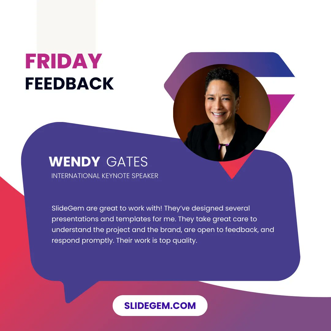 SlideGem's tweet image. See what people say about us!

Contact us today:
📨 Email: Hi@slidegem.com
📲 WhatsApp: +92 3096 302626

#FridayFeedback #SlideDesigner #ProPresentationDesigner
#testimonial #Powerpoint #designthinking #visualdesign