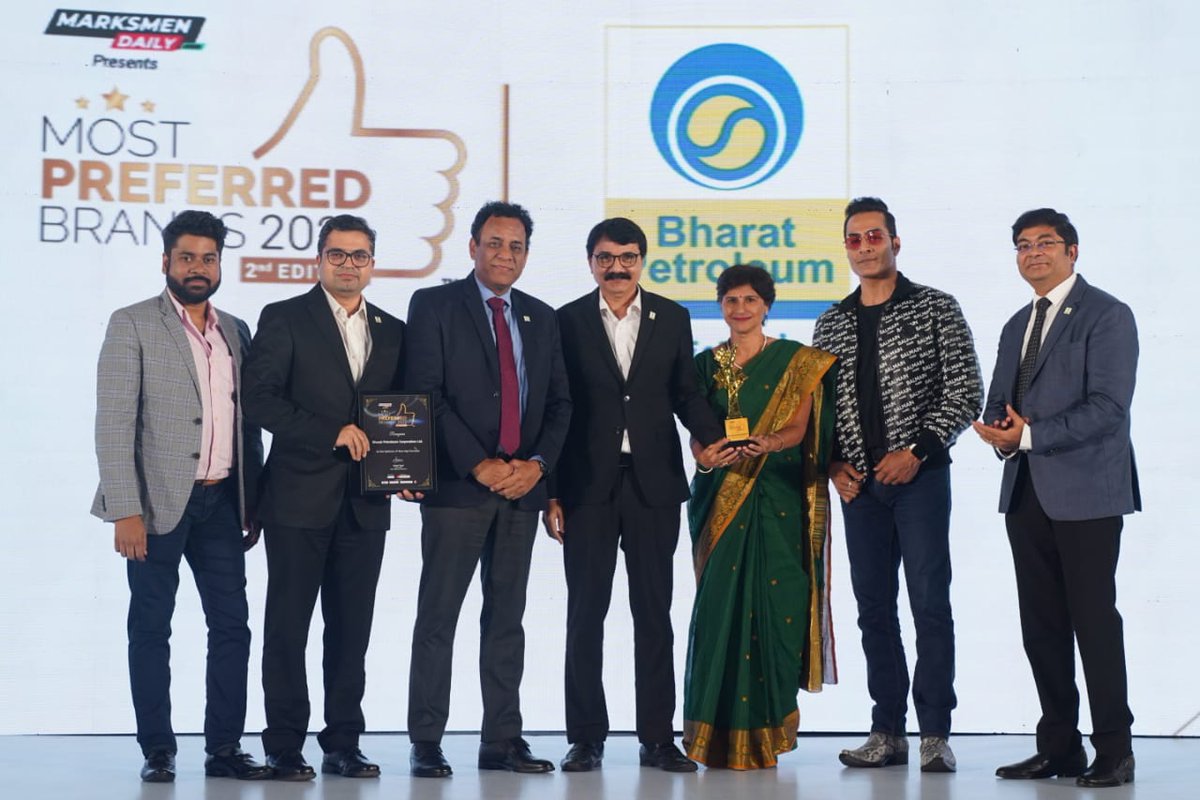 BPCLimited's tweet photo. Honoured to have received the ‘Most Preferred Brands of 2022' by Marksmen Daily in Mumbai today. 

This award is a reflection of how we have lived up to the expectations of our customers in delivering our brand promise - innovative, reliable, and caring! https://t.co/BSPFfN8N2B