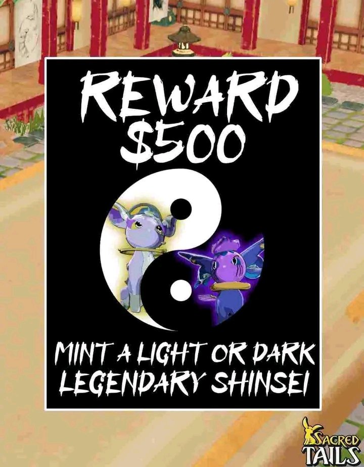 d3lta290's tweet photo. @CryptoEmdarks @SacredTails
Every 10 mints bounty goes up $100

💸Sacred Tails Bounty Event #2!💸
Prize: $500 BUSD
How to win: Be the first to mint a Light or Dark Legendary Celestial Shinsei
Where: https://t.co/tdsLBigkqS

https://t.co/8LQif0dRns

#sacredtails
#NFT #BSCGems #P2E #NFTGiveaway https://t.co/HeehaqBi0X