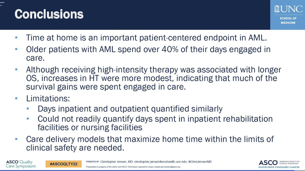 Dr Christopher Jenson @UNC_Lineberger presenting on #TimeToxicity #HomeTime in older patients with #AML. High intensity treatment improved survival BUT meant most of that time was SPENT IN THE HOSPITAL and/or AWAY from HOME. @ASCO #ASCOQLTY22 cc Dr @guptaarjun90 @erin_bange