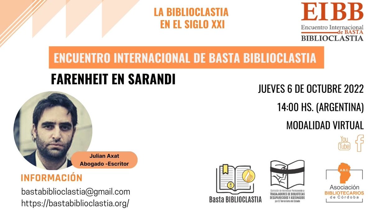 BBiblioclastia's tweet photo. Encuentro Internacional de Basta Biblioclastia «La Biblioclastia en el Siglo XXI. 8° Encuentro.
https://t.co/AtXeDfkNRw
#EIBB #bastabiblioclastia https://t.co/hZc8h216LF