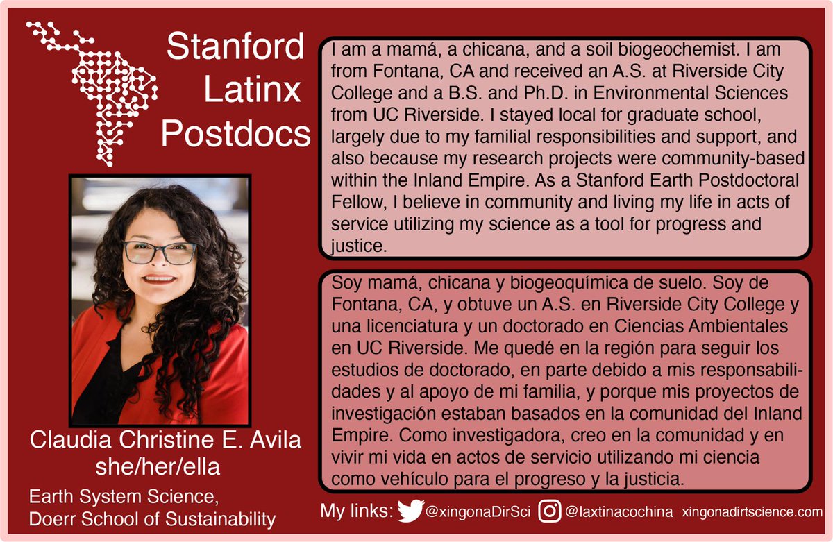 StanfordLPA's tweet photo. Claudia Christine E. Avila @xingonaDirSci is a Stanford Earth Postdoctoral Fellow in @stanforddoerr. She is a soil geochemist devoted to environmental justice.#LatinxSpotlight #LatinxScience #MiGente #diversitymatters #HispanicHeritageMonth https://t.co/pjqc2jd8I9