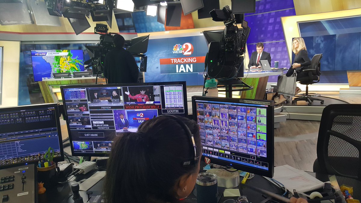 USADeannaLynne's tweet photo. #FlashbackFriday to yesterday when our operations technicians LUKE ASH & LEIGH-ANN RIVERA kept things rolling in the ๐บ studio as @WESH was broadcasting ๐ปwall to wall with moment to moment coverage & updates of #Ianhurricane in our Central Florida communities. #localbroadcasters https://t.co/eEfZcga1T7