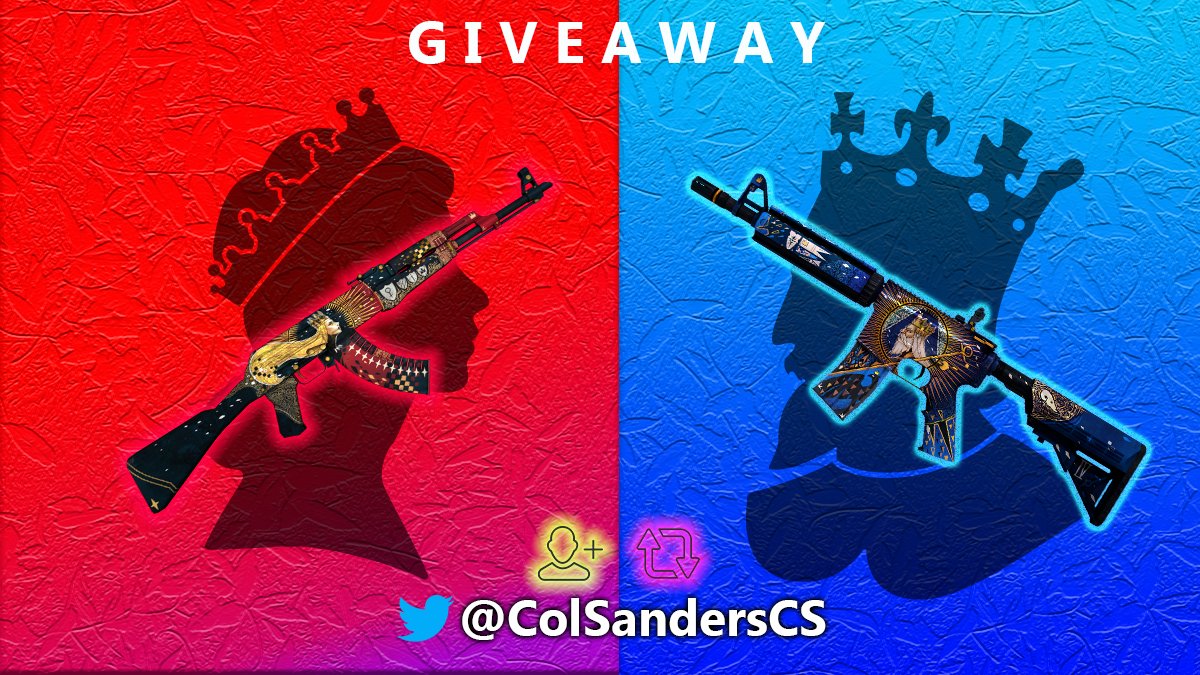 ColSandersCS's tweet photo. GIVEAWAY:

M4A4 | The Emperor (Minimal Wear) and AK-47 | The Empress (Field-Tested) to one lucky winner!

To Enter:
✅ Follow @ColSandersCS
🔄Retweet
🕒Winner to be announced this Sunday at 5pm (3pm GMT)

🍀Good luck and may dion be with you! https://t.co/NrJKay2c2Y